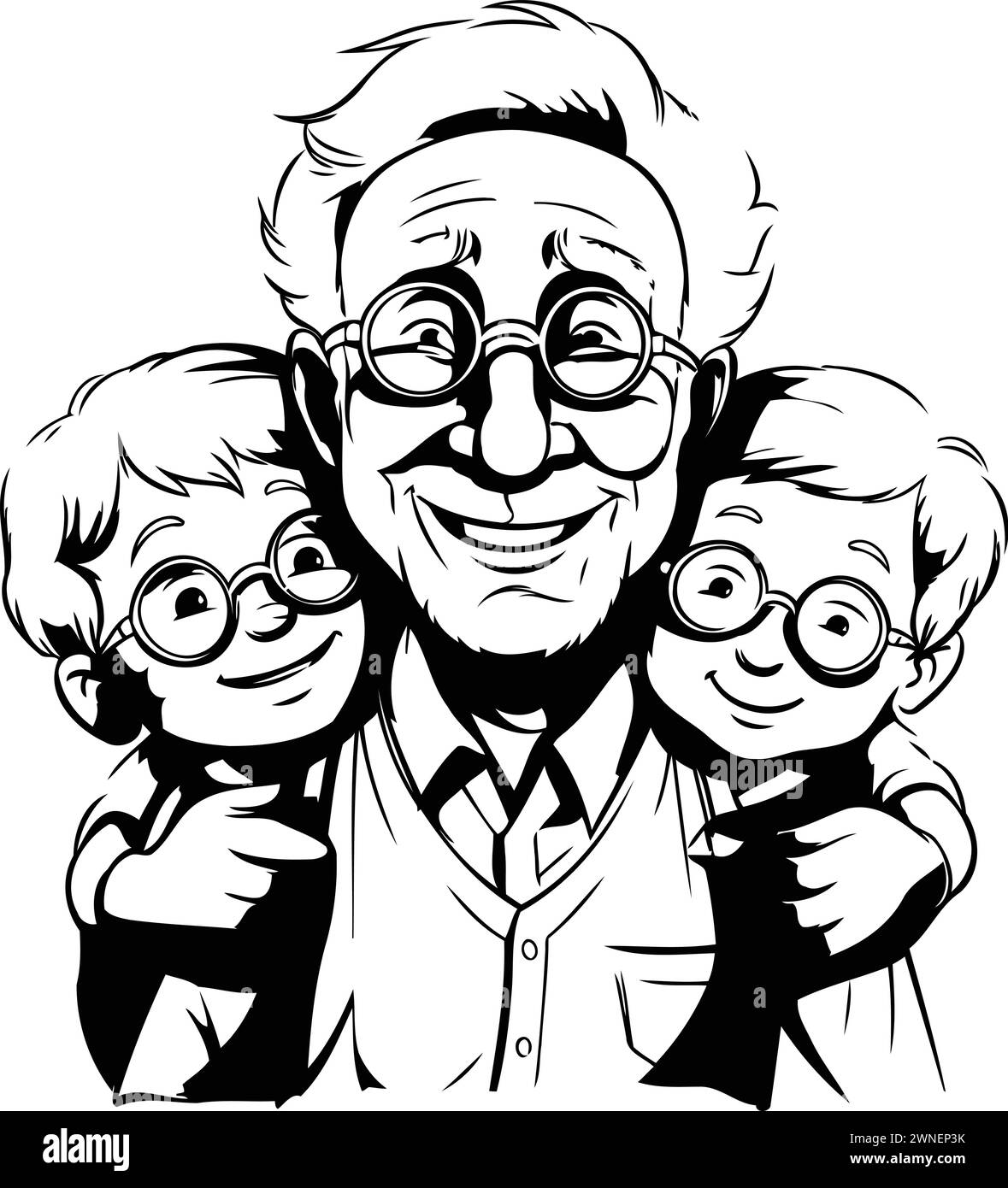 Grand-père avec petits-enfants. Illustration vectorielle noir et blanc pour livre de coloriage. Illustration de Vecteur