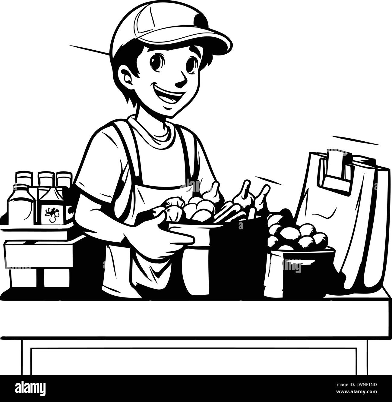 Illustration vectorielle d'un jeune homme vendant des fruits et légumes frais dans le supermarché Illustration de Vecteur