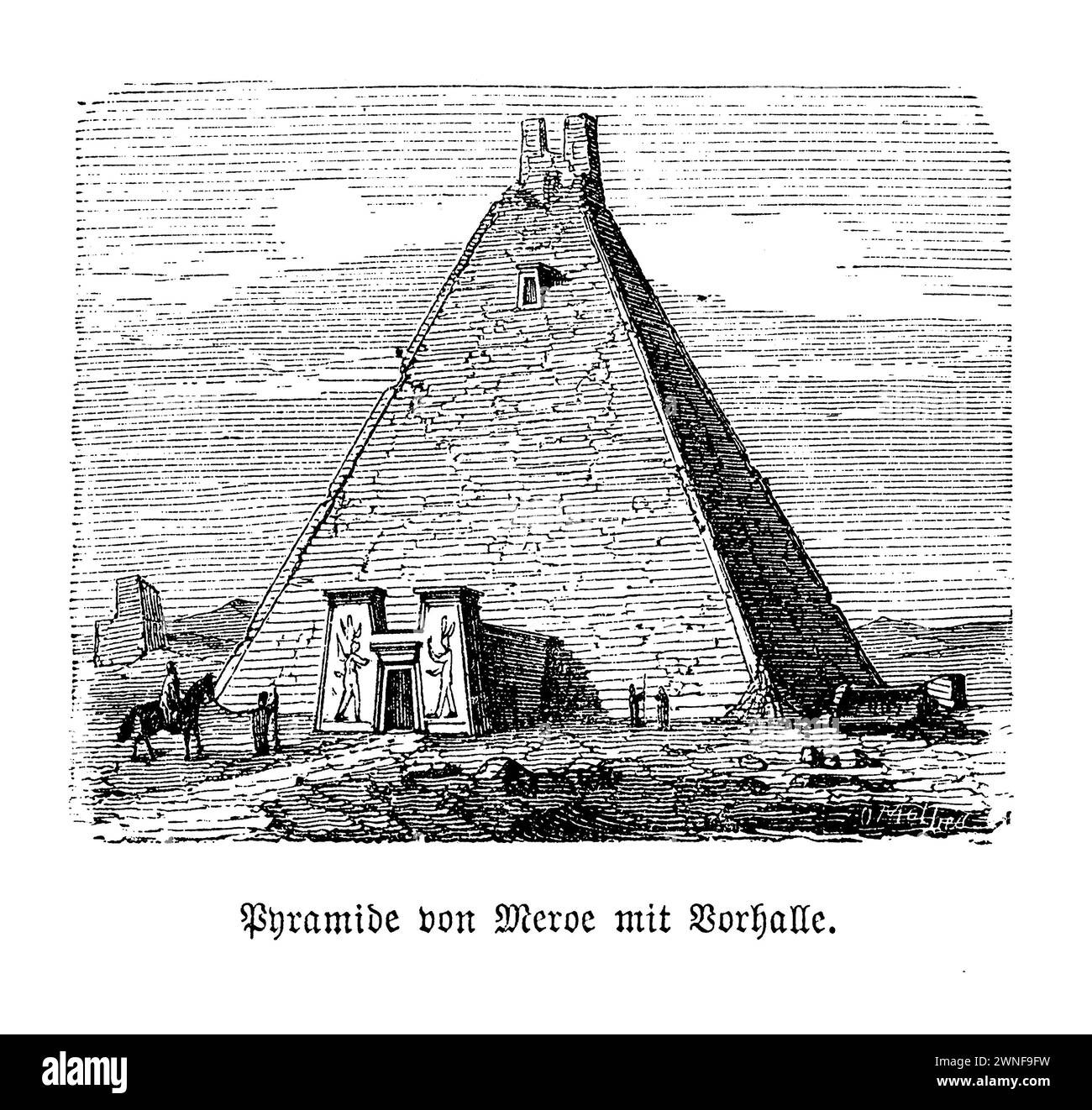 Pyramides de Meroë, Grande pyramide N6. Nichées au cœur du désert soudanais, les pyramides de Meroë sont les sentinelles intemporelles de l'ancien Royaume kushite. Parmi celles-ci, la Grande Pyramide N6, autrefois un majestueux mausolée pour la reine Amanishakheto, raconte une histoire de grandeur et de perte. Érigée pour honorer la puissante reine qui régnait dans la prospérité, cette pyramide témoigne des prouesses architecturales et du riche patrimoine culturel de Meroë. Cependant, son héritage a été entaché dans les années 1830 lorsque le chasseur de trésors Giuseppe Ferlini, poussé par la cupidité, a infligé des dommages irréparables dans sa quête d'or. Banque D'Images