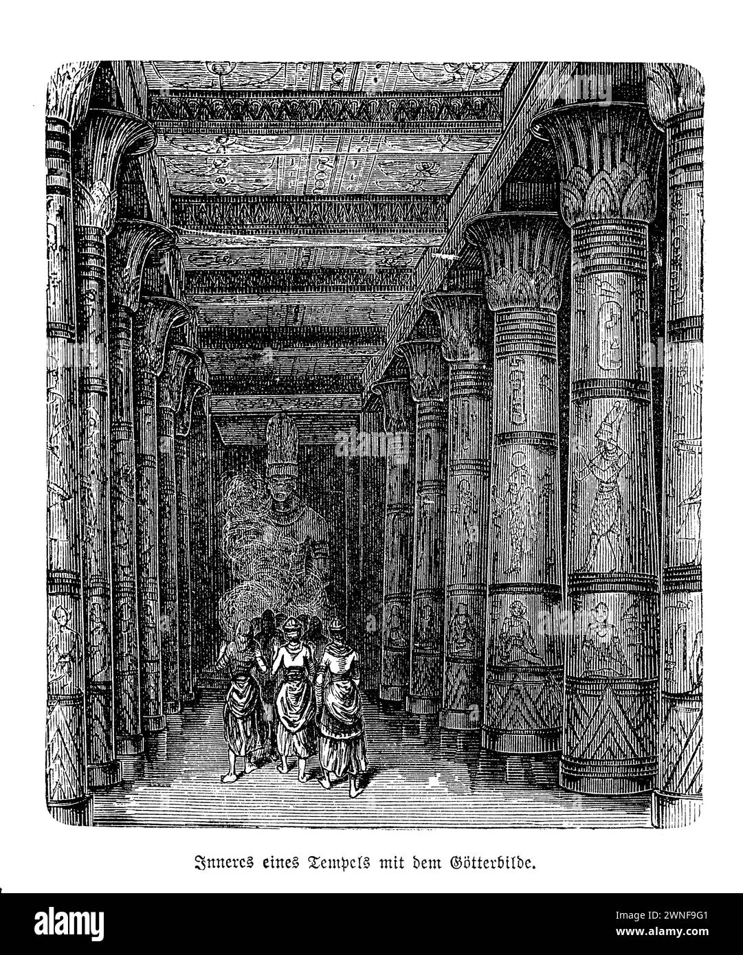 Reconstruction : intérieur d'un temple égyptien avec des colonnes peintes et décorées.Entrez dans le passé avec cette magnifique reconstruction d'un ancien intérieur de temple égyptien, où histoire et spiritualité s'entremêlent. Le cœur du temple possède des colonnes imposantes, chacune méticuleusement peinte et décorée de hiéroglyphes complexes et de motifs qui célèbrent le divin. Ces piliers tiennent non seulement le toit mais aussi les cieux, créant un pont entre les dieux et les mortels. Au centre, la présence d'un grand Dieu se profile, bien que les détails restent enveloppés de mystère, invoquant un sentiment d'admiration an Banque D'Images