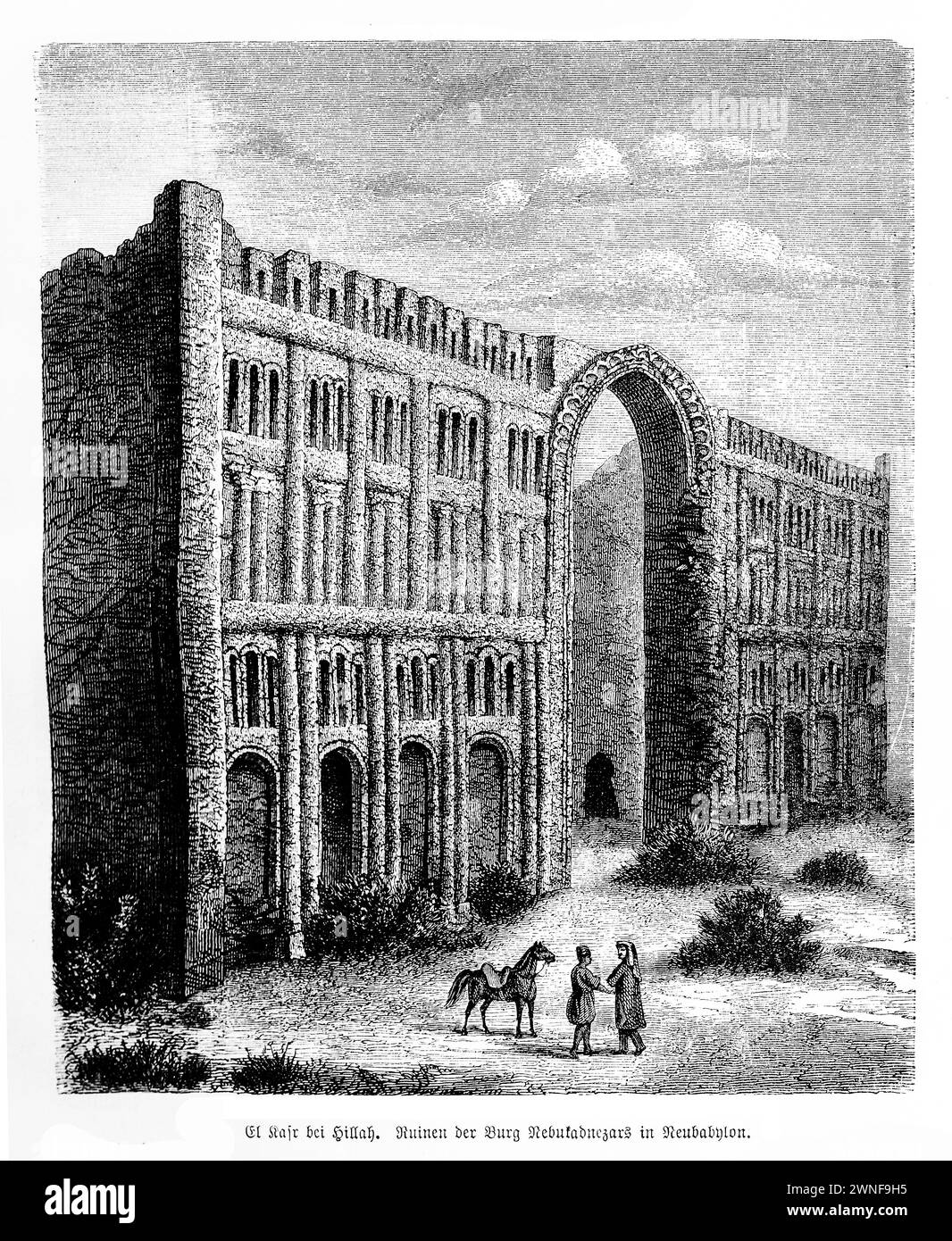 Palais de Nebucadnetsar II ruines, empire néo-babylonien, près de Hilla, aujourd'hui Irak. Dans l'ombre de Hilla moderne se trouvent les vestiges envoûtants du palais de Nebucadnetsar II, un témoignage autrefois magnifique de la grandeur de l'Empire néo-babylonien. Ces ruines murmurent des récits de gloire ancienne, où Nebucadnetsar II, un souverain célèbre pour ses projets architecturaux et les jardins suspendus, l'une des sept merveilles du monde antique, ont tenu la cour. Aujourd'hui, ce qui reste du palais sert de pont poignant vers une époque révolue, invitant à la crainte et à la réflexion sur l'impermanence des efforts humains. Banque D'Images
