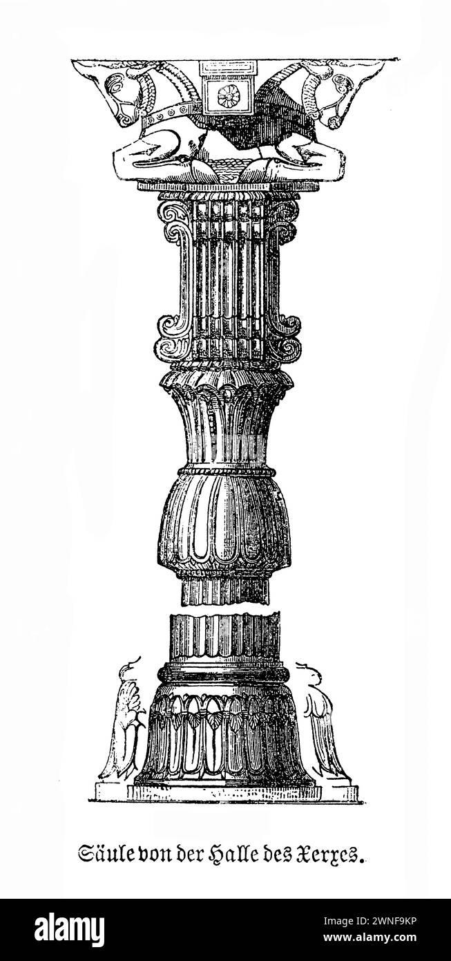 Xerxès la salle du Grand palais à Persépolis, colonne des détails architecturaux. Au milieu de la grandeur antique de Persépolis, la colonne de Xerxès se dresse comme un gardien silencieux de l'histoire, dominant dans la salle du Grand Palais. Cette merveille architecturale, datant de l'Empire achéménide, met en valeur le zénith de l'artisanat persan sous le règne de Xerxès le Grand. C'est un symbole de la puissance de l'empire et de l'innovation architecturale. Bien que les siècles se soient écoulés, les détails complexes de la colonne et sa stature imposante continuent d'impressionner les visiteurs Banque D'Images
