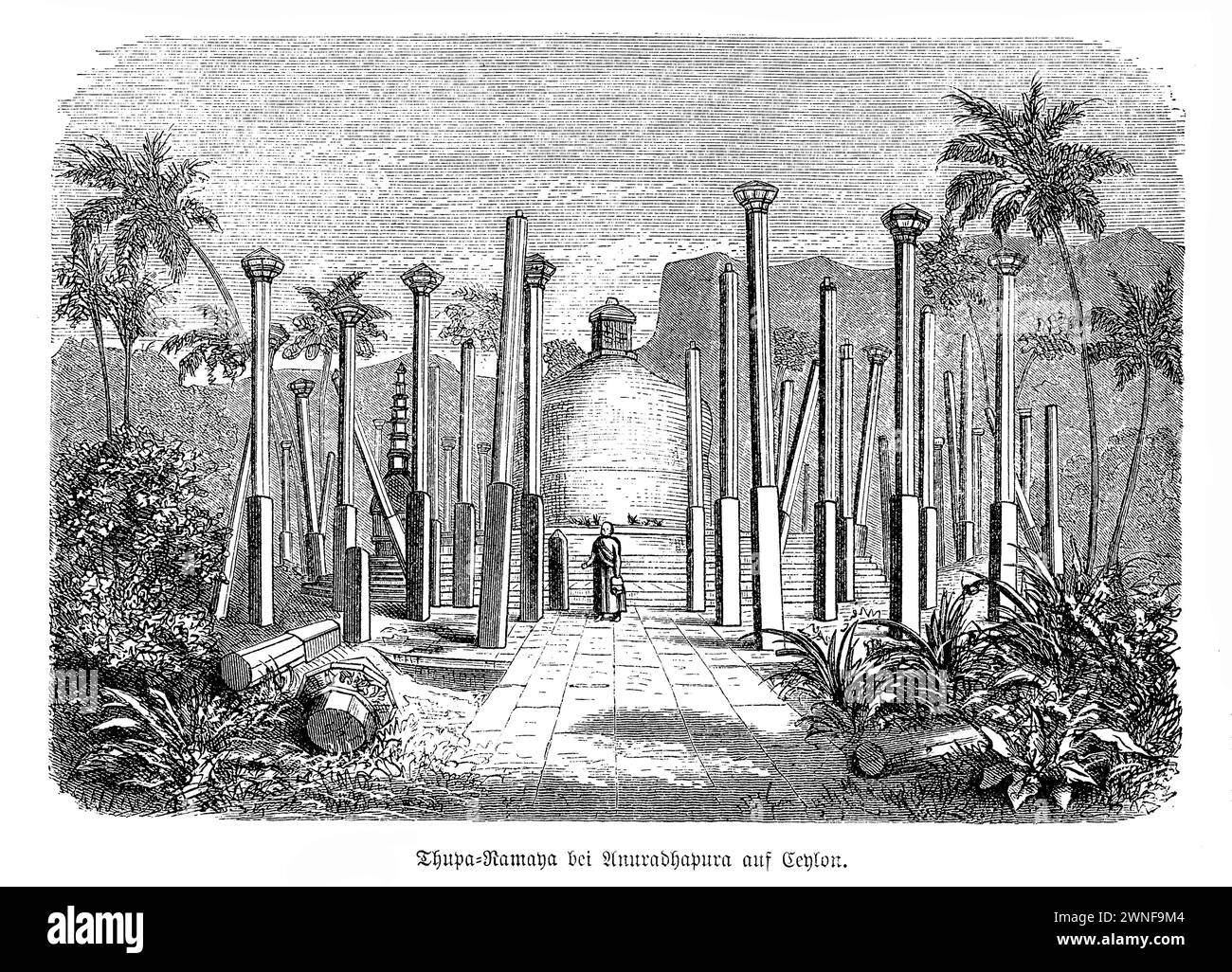 Thuparamaya buddhistische Tempel à Anuradhapura, Sri Lanka. Thuparamaya, niché au cœur d'Anuradhapura, au Sri Lanka, est un phare de la foi et de l'histoire bouddhistes. Premier temple bouddhiste de l'île, construit sous le patronage du roi Devanampiya Tissa au IIIe siècle av. J.-C., il marque le début de l'introduction du bouddhisme au Sri Lanka. Cet ancien stupa, entouré de piliers de pierre, soutenait autrefois un vatadage vibrant ou une maison ronde, symbolisant le mélange de vénération spirituelle et d'élégance architecturale. Aujourd’hui, Thuparamaya continue d’attirer pèlerins et passionnés d’histoire Banque D'Images