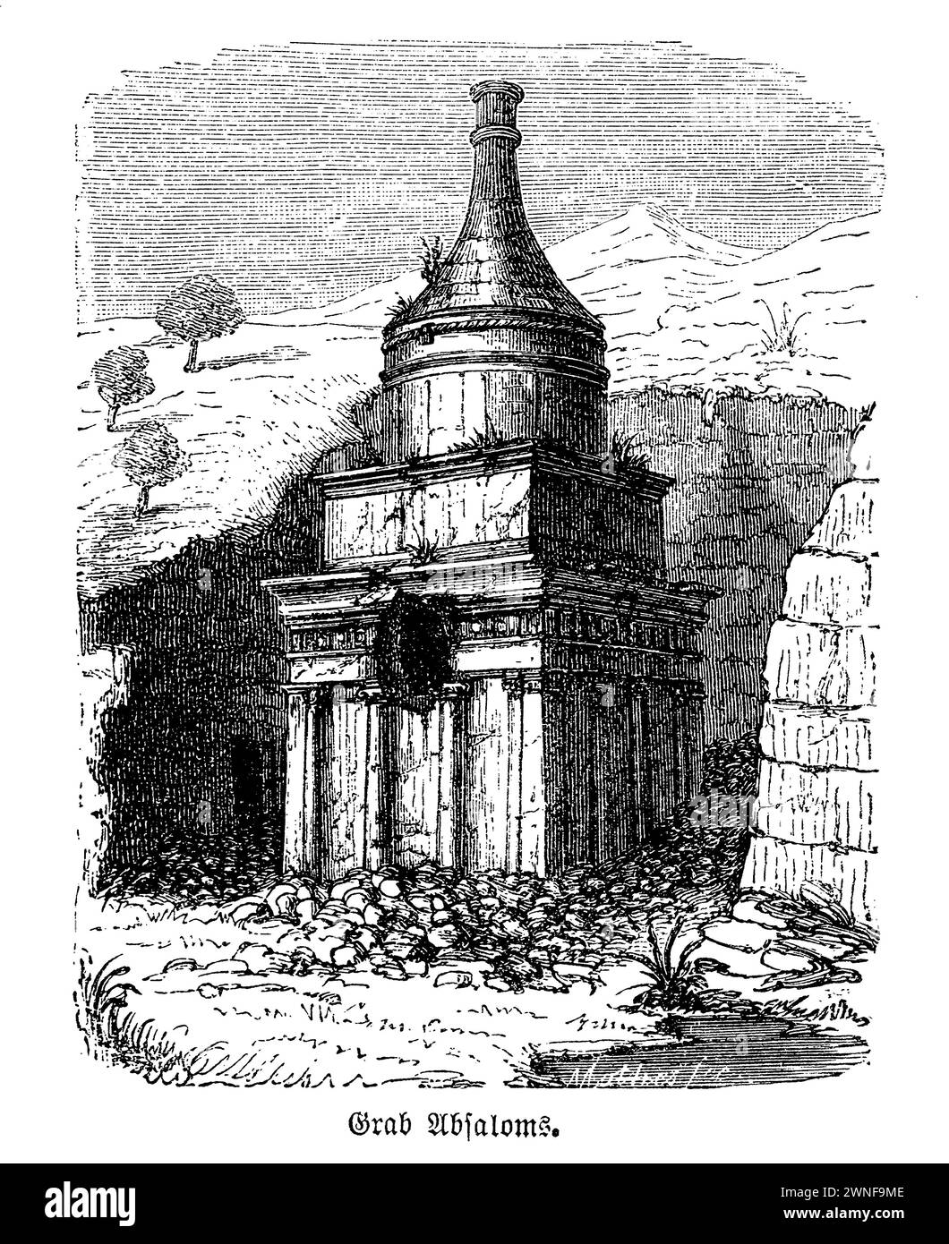 Tombe d'Absalom Jérusalem. Niché dans le paysage ancien et vénérable de la vallée du Kidron, juste à l'extérieur des murs de Jérusalem, se dresse le tombeau d'Absalom. Cette structure monumentale, datant du Ier siècle après JC, est imprégnée de tradition biblique et de mystique historique. Nommé d'après Absalom, le fils rebelle du roi David, ce tombeau est un exemple exquis de l'architecture juive taillée dans le rocher combinée avec des influences de la période hellénistique, avec un toit conique unique et une base carrée ornée de colonnes ioniques. Banque D'Images Tombe d'Absalom Jérusalem. Niché dans le paysage ancien et vénérable de la vallée du Kidron, juste à l'extérieur des murs de Jérusalem, se dresse le tombeau d'Absalom. Cette structure monumentale, datant du Ier siècle après JC, est imprégnée de tradition biblique et de mystique historique. Nommé d'après Absalom, le fils rebelle du roi David, ce tombeau est un exemple exquis de l'architecture juive taillée dans le rocher combinée avec des influences de la période hellénistique, avec un toit conique unique et une base carrée ornée de colonnes ioniques. Banque D'Images