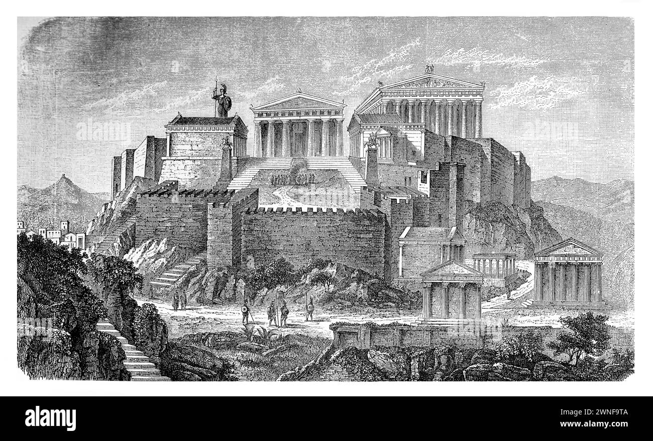 L'Acropole d'Athènes, emblème de la gloire grecque antique, est un phare d'importance architecturale et historique. Cette vision reconstruite nous transporte au sommet de la puissance d'Athènes, mettant en valeur le majestueux Parthénon, l'Érechthéion avec ses caryatides, et la porte des Propylaées, le tout dans le cadre d'une ville antique animée. Ces structures, incarnant le zénith de l'architecture grecque classique, reflètent l'ingéniosité et l'esprit d'une civilisation qui a profondément façonné la culture occidentale. Banque D'Images