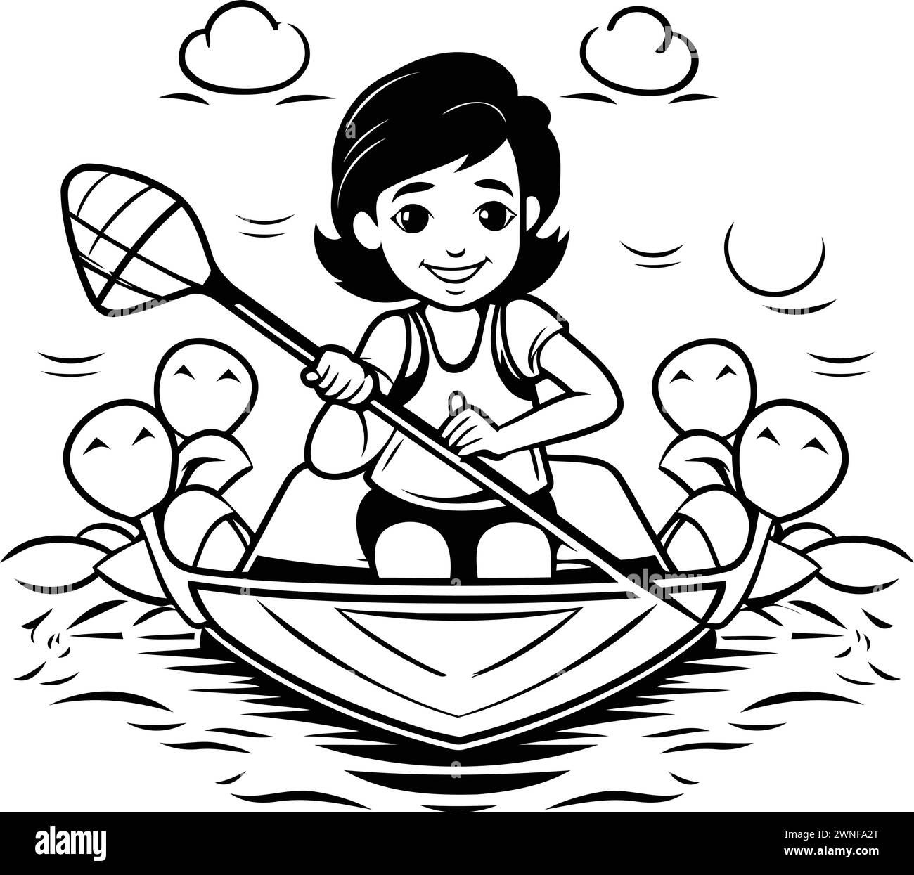 Illustration de dessin animé noir et blanc de petite fille Rafting un canoë ou kayak avec sa famille ou ses amis sur l'eau Illustration de Vecteur
