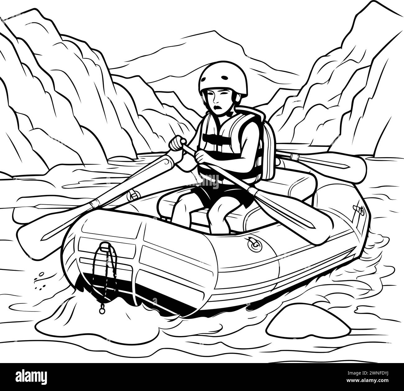 Rafting dans les montagnes. Illustration vectorielle noir et blanc. Illustration de Vecteur