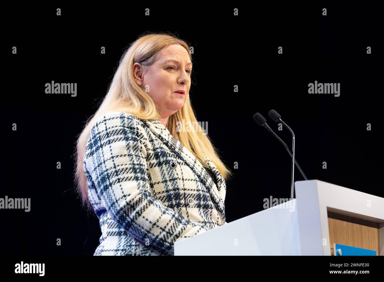 Aberdeen, Écosse, Royaume-Uni. 2 mars 2024. Conférence conservatrice écossaise 2024 : Dr Lisa Cameron députée qui a fait défection du SNP aux conservateurs l'année dernière, parlant à la Conférence conservatrice écossaise au P&J Live Events, Aberdeen, Écosse, Royaume-Uni crédit : Kay Roxby/Alamy Live News Banque D'Images