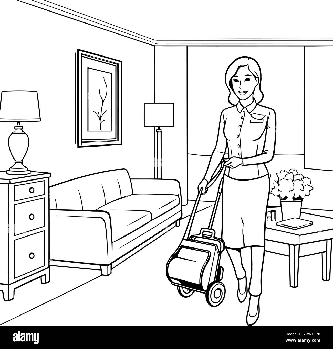 Femme au foyer avec dessin animé d'aspirateur en noir et blanc illustration vectorielle design graphique Illustration de Vecteur