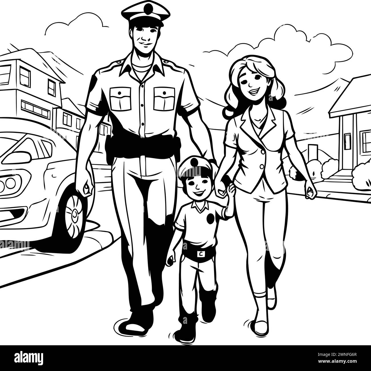 Policiers avec enfant dans la rue. Illustration vectorielle noir et blanc. Illustration de Vecteur