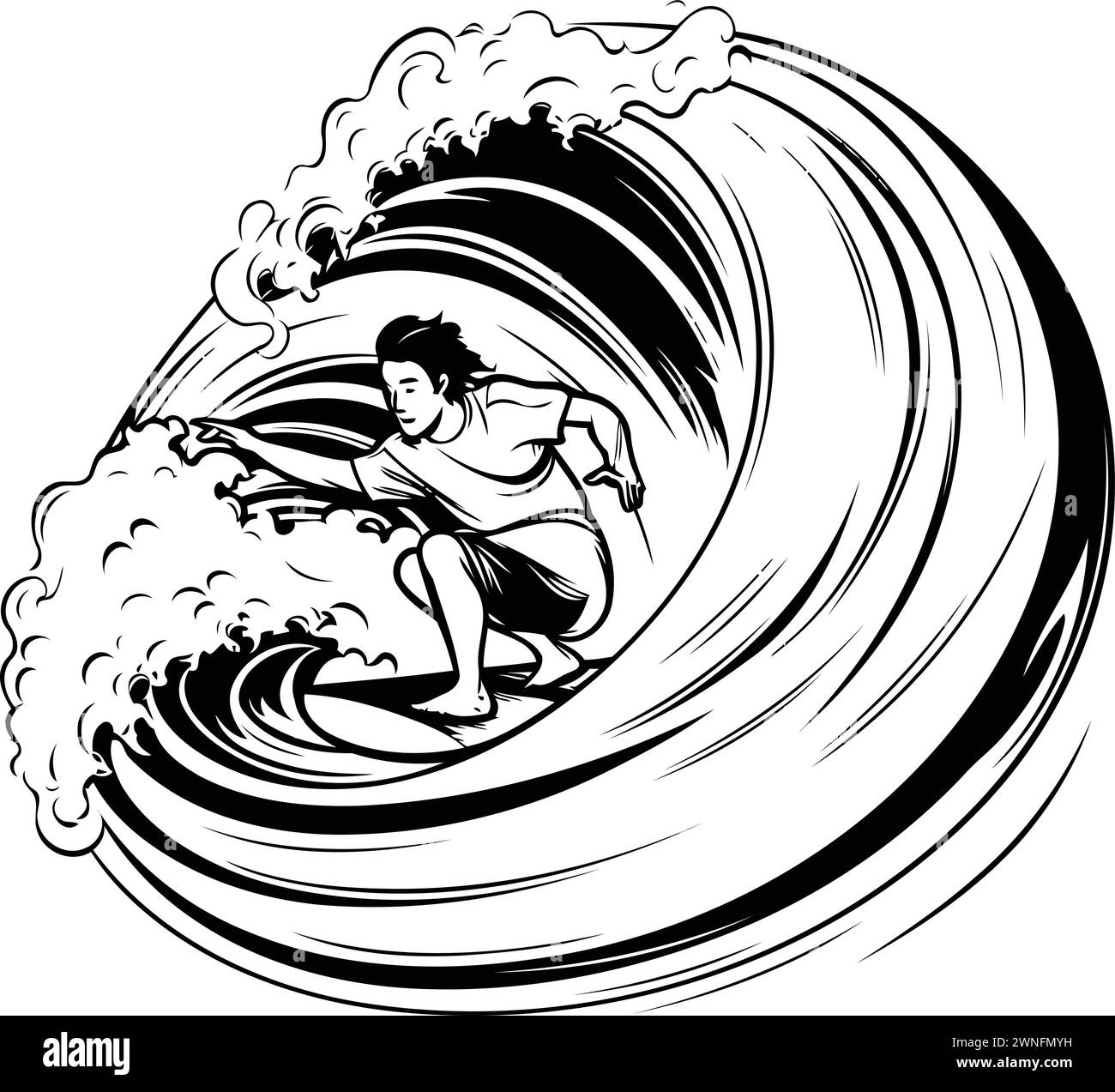 surfez sur une grosse vague. illustration vectorielle noir et blanc. Illustration de Vecteur