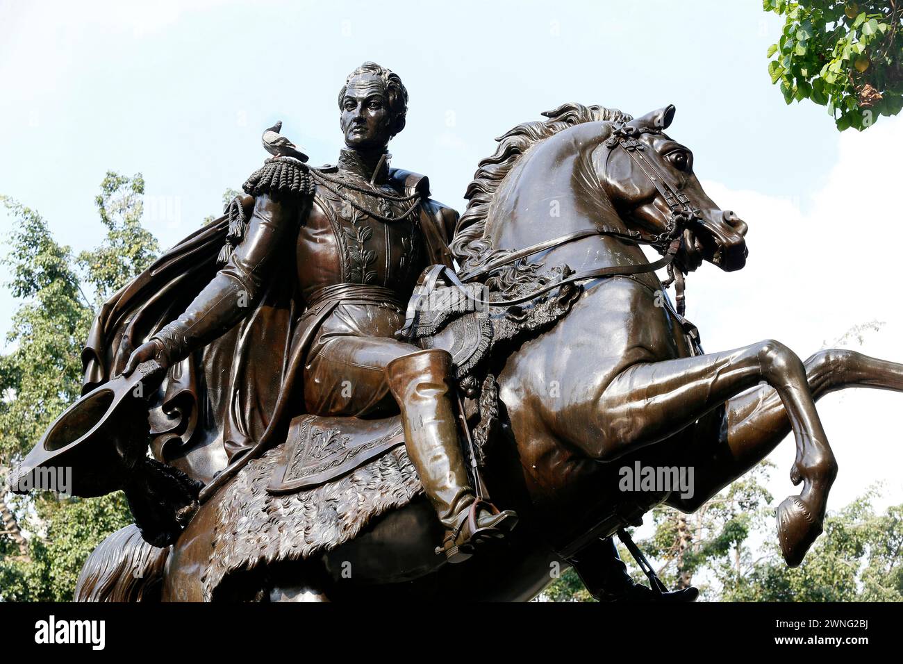 statue de simon bolivar avec pigeon sur l'épaule dans le centre de caracas, venezuela Banque D'Images