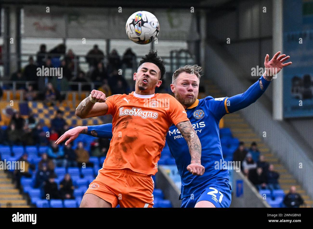 Jordan Lawrence-Gabriel de Blackpool et Aiden O'Brien de Shrewsbury Town se battent pour le ballon lors du match Sky Bet League 1 Shrewsbury Town vs Blackpool à Croud Meadow, Shrewsbury, Royaume-Uni, 2 mars 2024 (photo de Craig Thomas/News images) Banque D'Images