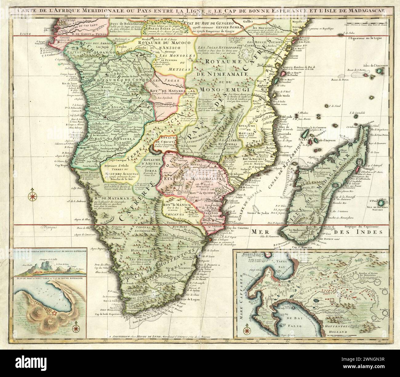 Vintage historique illustré carte de l'Afrique australe, de l'Équateur au Cap de bonne-espérance par Elizabeth Verseyl Visscher. (Langue française) 1730 Banque D'Images Vintage historique illustré carte de l'Afrique australe, de l'Équateur au Cap de bonne-espérance par Elizabeth Verseyl Visscher. (Langue française) 1730 Banque D'Images