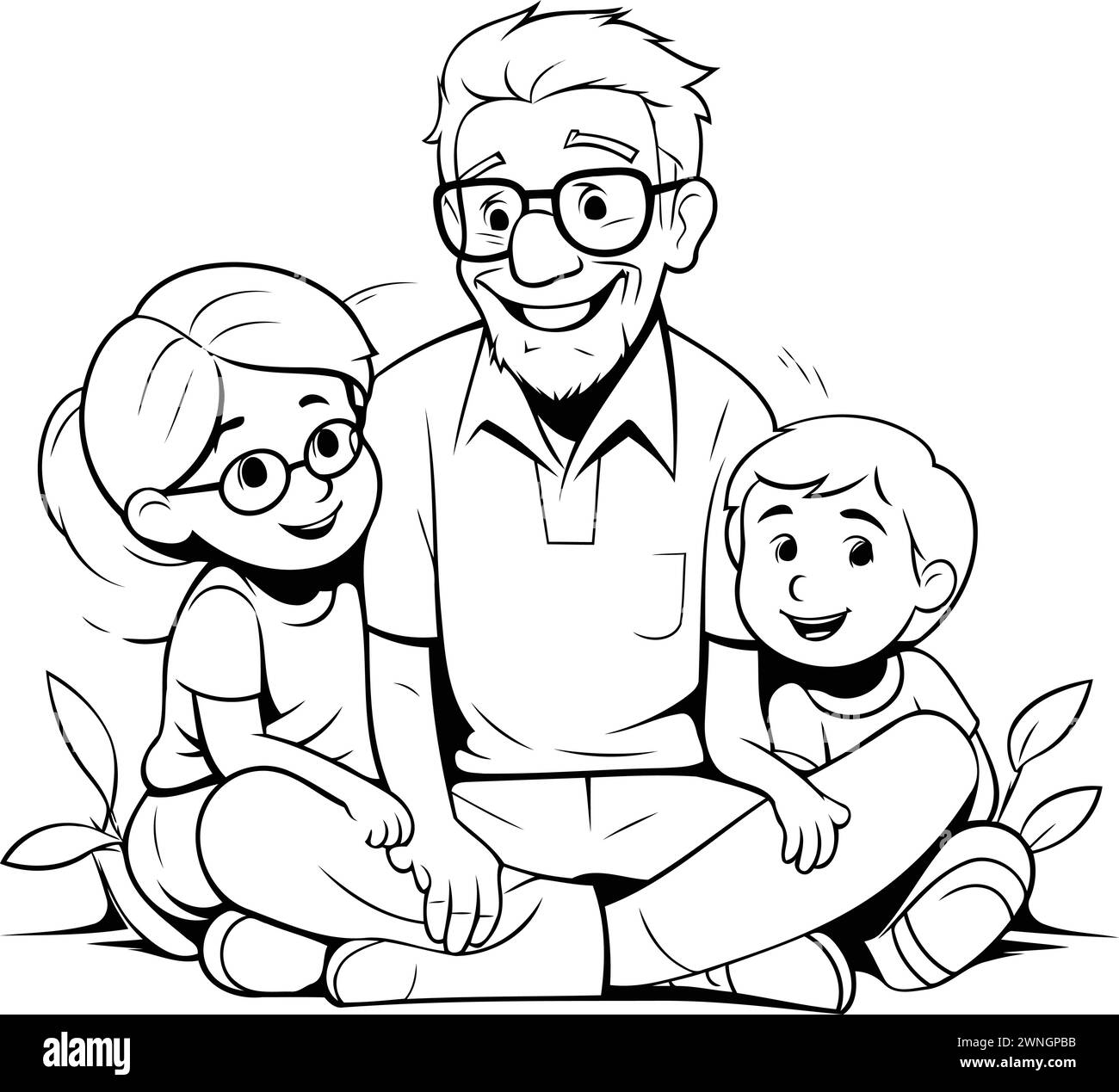 Grand-père avec ses petits-enfants - illustration vectorielle noir et blanc pour livre de coloriage Illustration de Vecteur