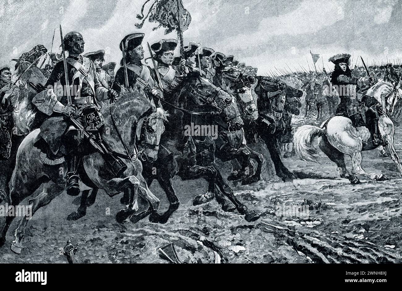 RAMILLIES - LA CHARGE DE CAVALERIE SOUS MARLBOROUGH. - La petite ville belge de Ramillies a été le théâtre de la deuxième grande bataille de Marlborough dans la guerre de succession d'Espagne. Soldat anglais et homme d'État, le duc de Marlborough chassa les Français de Flandre et arracha cette riche province à Louis XIV Nous voyons le courageux et beau général, alors qu’il dirige ses sinistres vétérans dans la dernière charge de cavalerie qui a gagné le jour, le 23 mai 1706. Banque D'Images