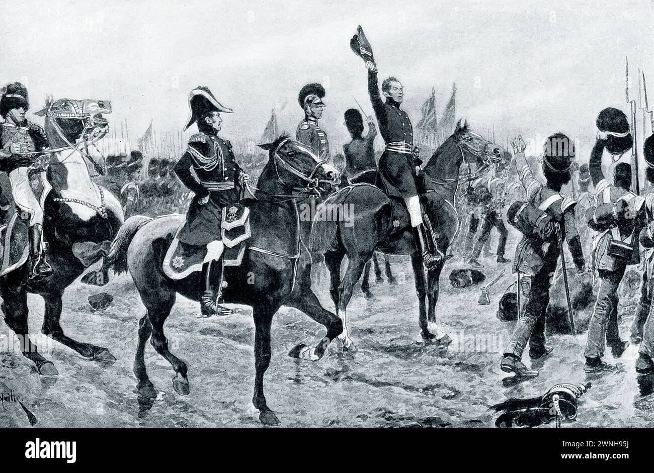 La légende du début des années 1900 se lit comme suit : « MOMENT SUPRÊME À WATERLOO – LAISSEZ TOUTE LA LIGNE AVANCER ! » – dans ce triomphe final de Wellington sur Napoléon, l’infanterie anglaise s’était tenue toute la journée à résister à la canonnade et aux charges répétées des troupes françaises. Enfin, l'armée allemande de renforts apparut, et Wellington, fermant son télescope, commanda à toute la ligne anglaise d'avancer ; il le fit et balaya les Français épuisés du champ de bataille. La bataille de Waterloo marque la défaite finale de Napoléon. Le 22 juin 1815, quatre jours après avoir perdu le conflit, Napoléon abdique comme empereur de France Banque D'Images