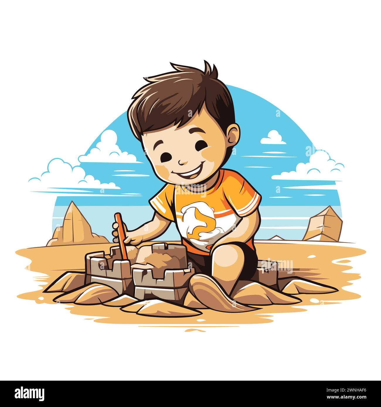 Petit garçon construisant château de sable dans le désert. Illustration vectorielle de dessin animé. Illustration de Vecteur