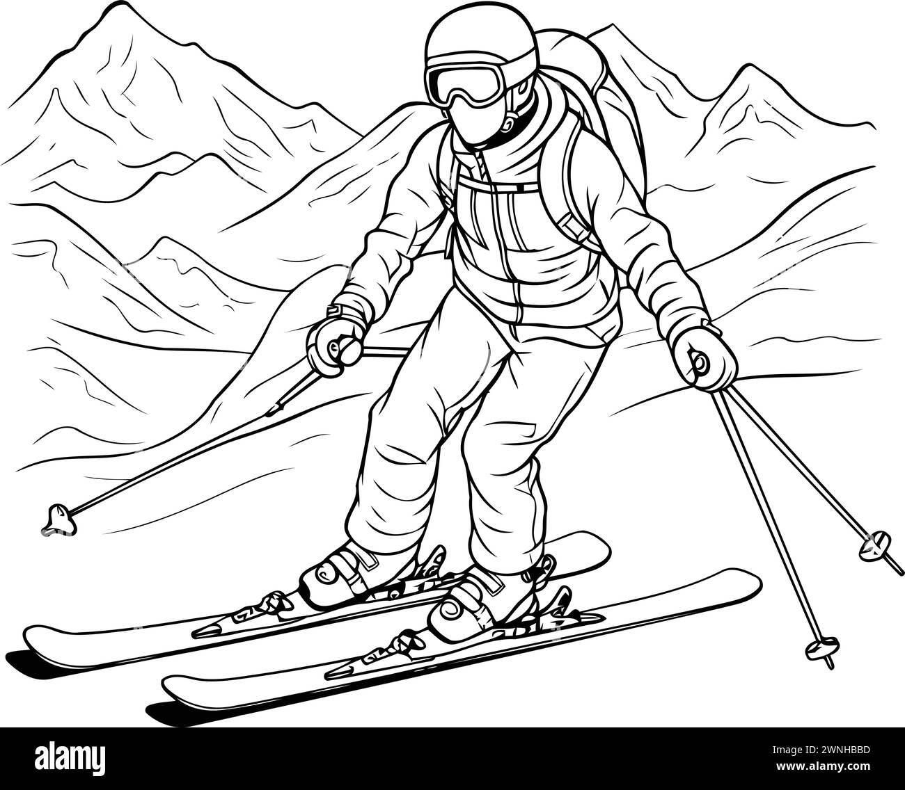 Ski. Skieur ski alpin. Illustration vectorielle noir et blanc. Illustration de Vecteur