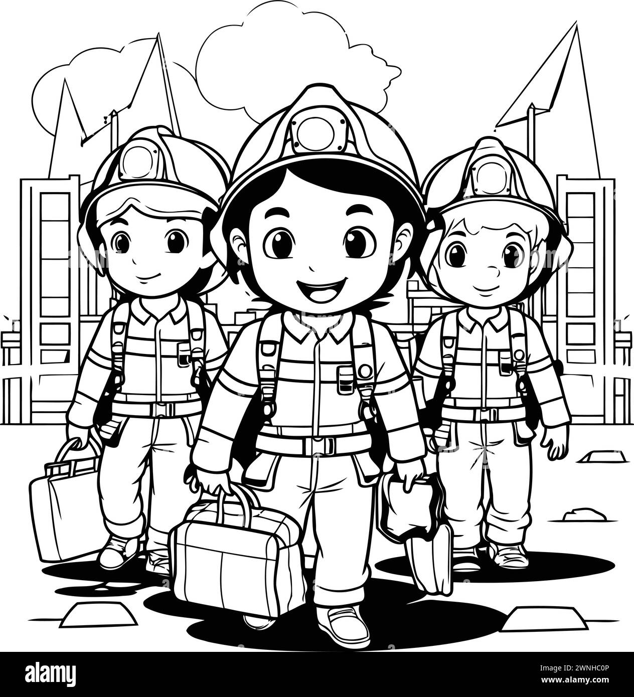 Pompiers avec casques et caricature de mallette en noir et blanc illustration vectorielle conception graphique Illustration de Vecteur