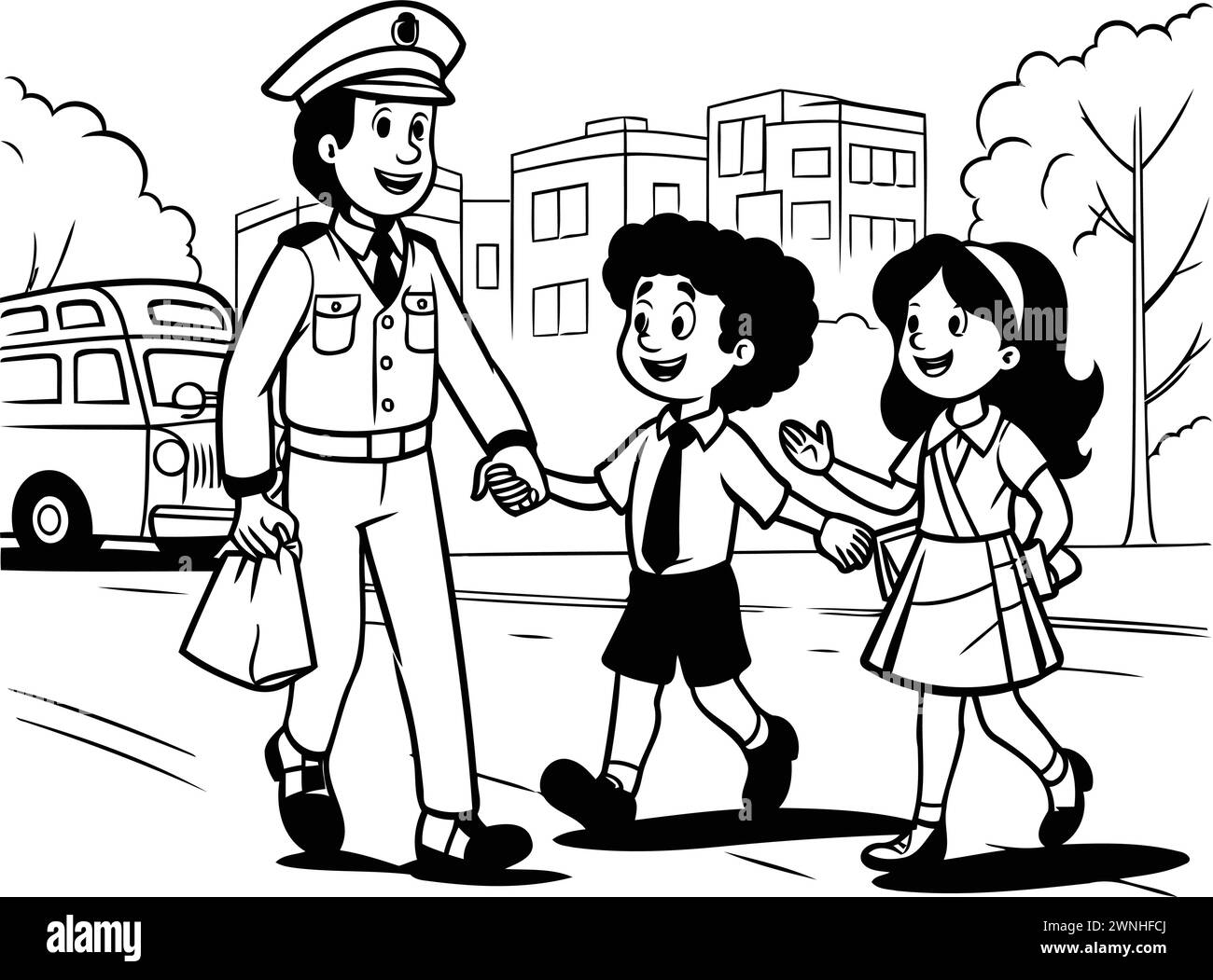 policiers et enfants dans la ville. illustration vectorielle noir et blanc Illustration de Vecteur