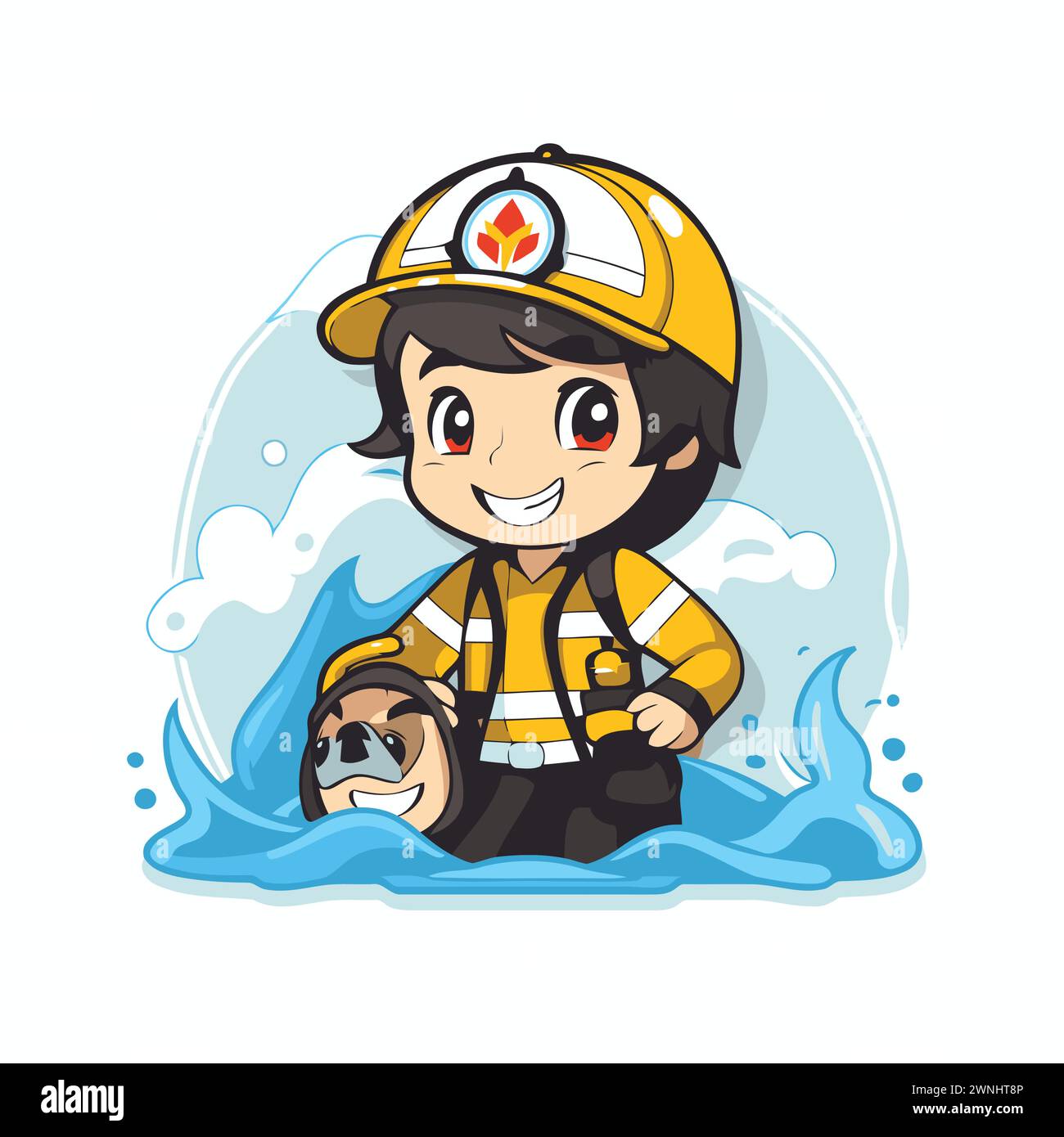 Pompier de dessin animé mignon avec chien dans l'eau. Illustration vectorielle. Illustration de Vecteur