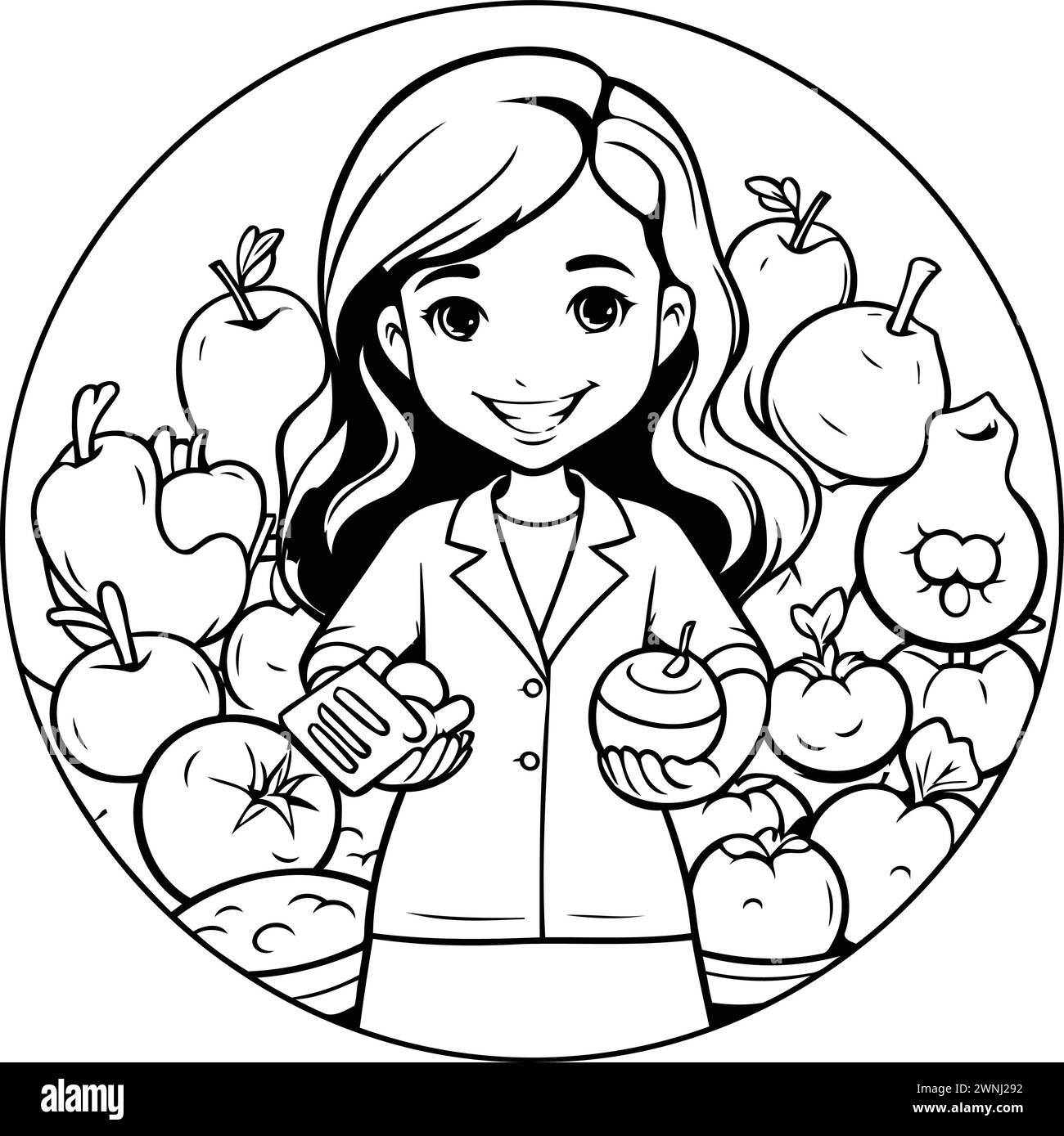 Livre de coloriage pour enfants : fille avec des fruits et légumes. Illustration vectorielle Illustration de Vecteur