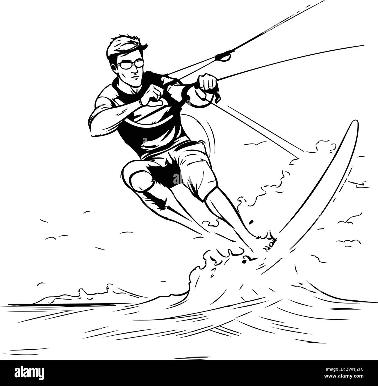 Kitesurf - illustration vectorielle en noir et blanc d'un homme montant un cerf-volant Illustration de Vecteur