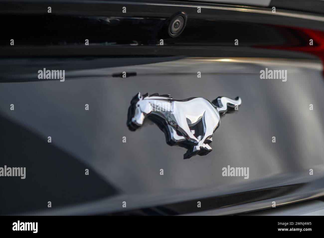 02.29.2024 Gazeveren Cyprus - emblème Ford Mustang sur un couvercle de coffre noir Banque D'Images