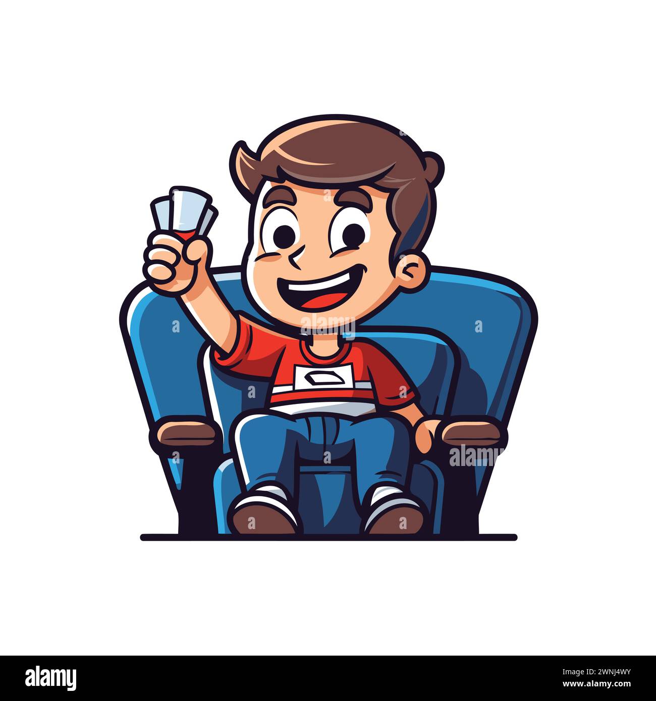 Garçon de dessin animé assis dans un fauteuil et mangeant du pop-corn. Illustration vectorielle. Illustration de Vecteur