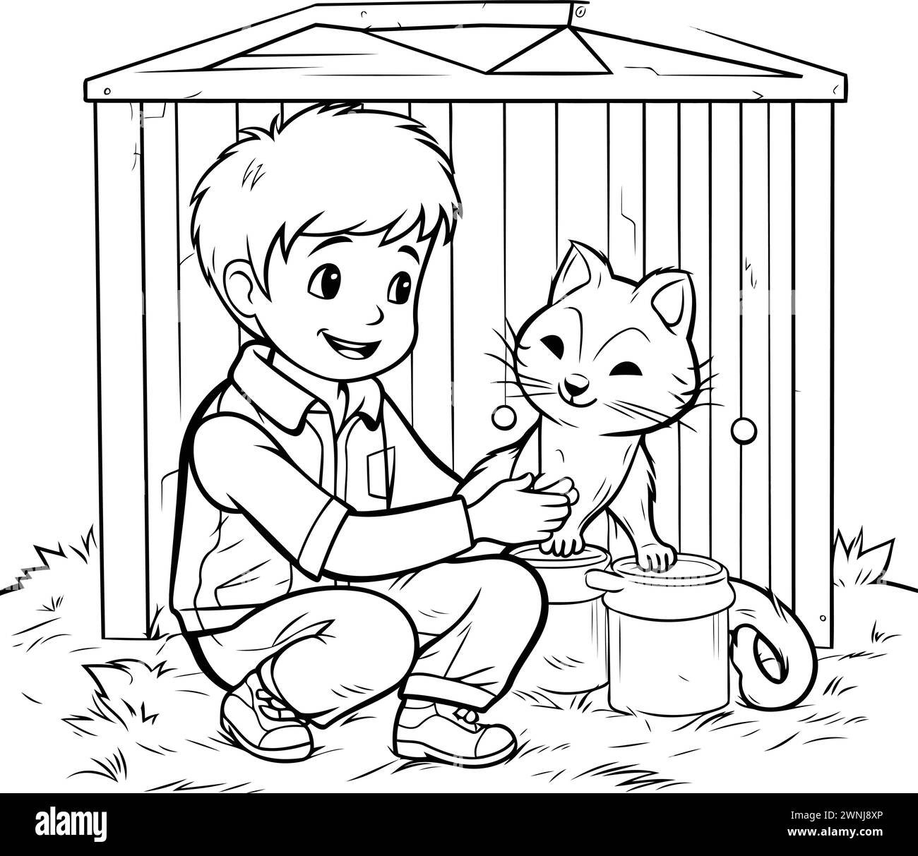 Garçon et chat dans une cage. Illustration vectorielle noir et blanc. Illustration de Vecteur