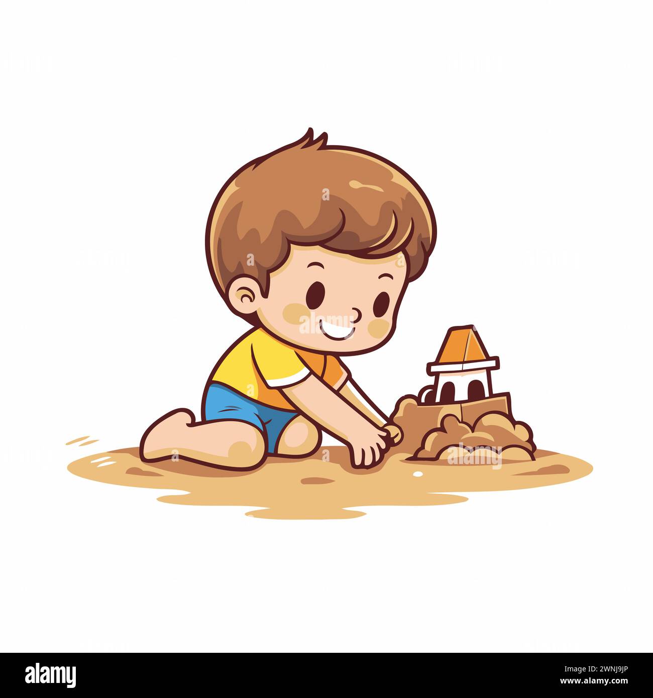 Mignon petit garçon jouant avec du sable et construisant un château. Illustration vectorielle. Illustration de Vecteur