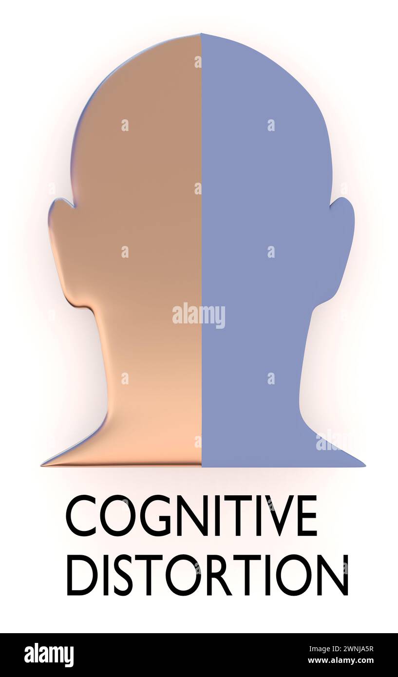 Illustration 3D d'une silhouette de tête humaine divisée en deux parties, intitulée Disortion COGNITIVE. Banque D'Images