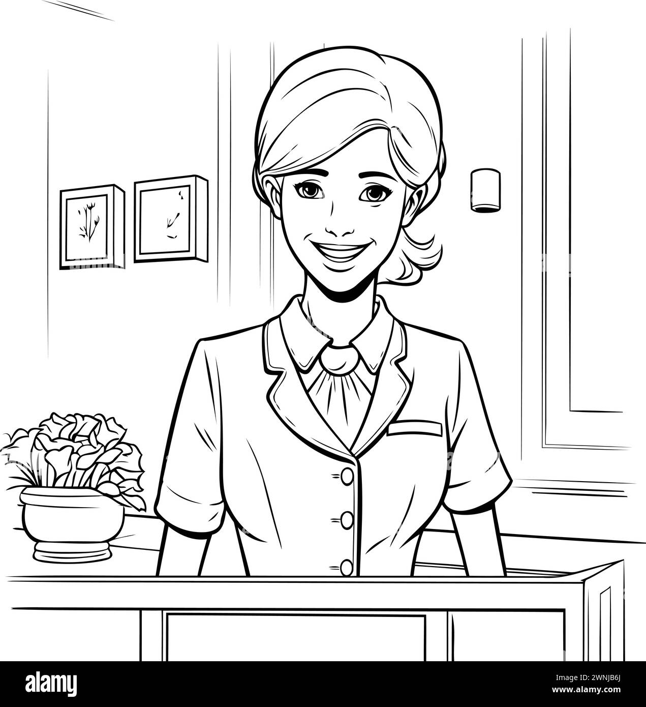Illustration au trait d'une serveuse dans un café ou un restaurant. Illustration de Vecteur