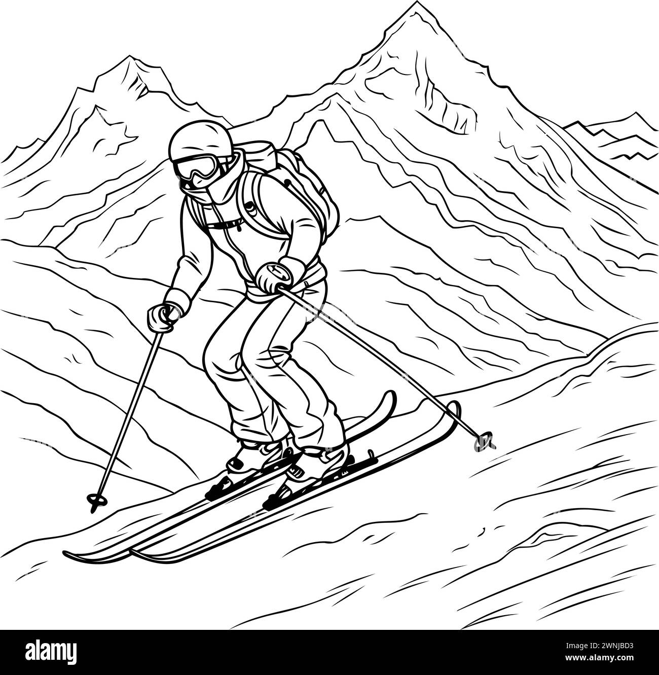 Homme skieur dans les montagnes. Illustration vectorielle noir et blanc. Illustration de Vecteur
