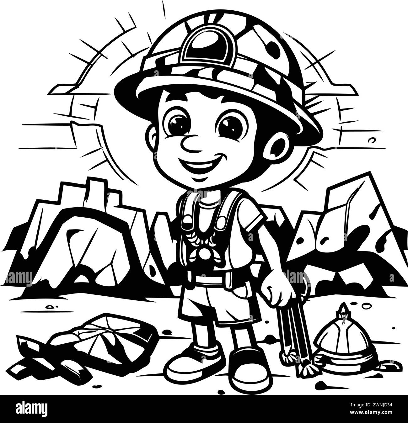 Explorateur garçon mignon avec carte au trésor. Illustration vectorielle noir et blanc. Illustration de Vecteur