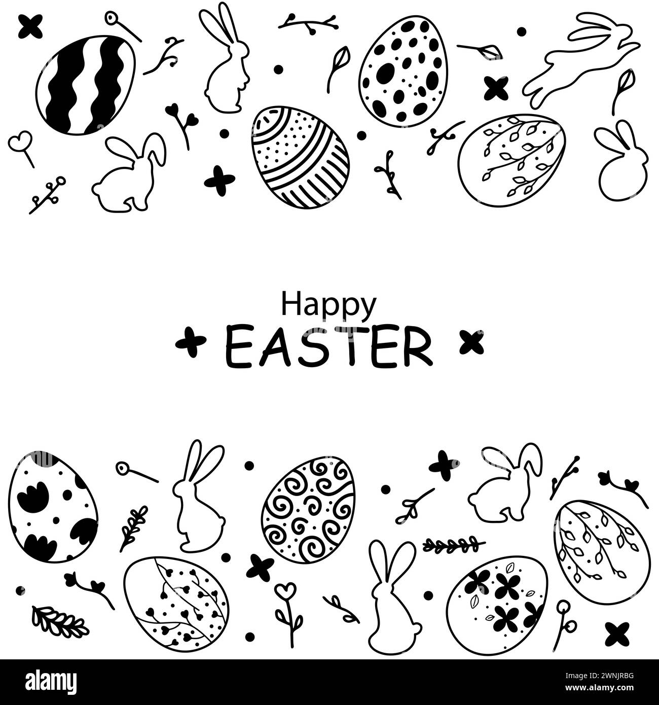 Carte pour la décoration de Pâques. Silhouettes noires et blanches de lapins de Pâques et d'œufs dans un style vintage Illustration de Vecteur