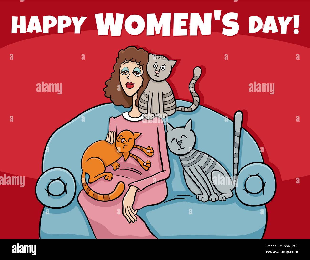 Carte de voeux de la Journée des femmes ou conception de bannière avec femme de dessin animé sur le canapé avec ses chats Illustration de Vecteur
