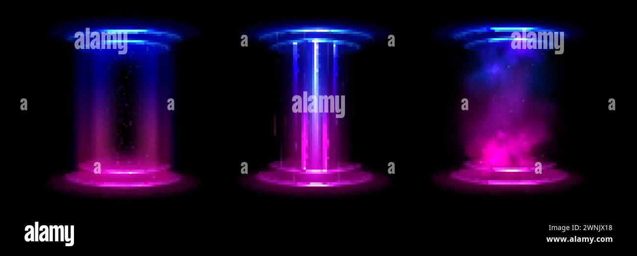 Portail d'interface utilisateur de jeu magique avec plate-forme ronde, néon brillant bleu et rose rayons de gradient et vortex, étincelles de flash et de la fumée. Ensemble vectoriel réaliste de fanta Illustration de Vecteur