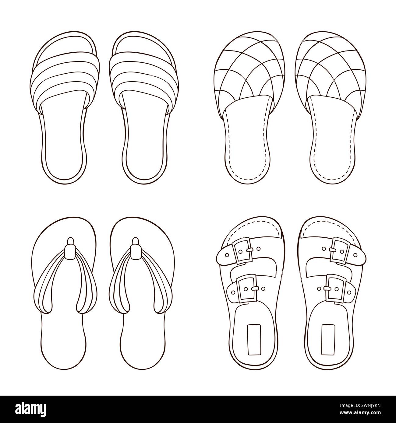 Hommes, hommes chaussures pour l'été et la maison dans le style art ligne. Chaussures décontractées dessinées à la main. Illustration vectorielle isolée sur un fond blanc. Illustration de Vecteur