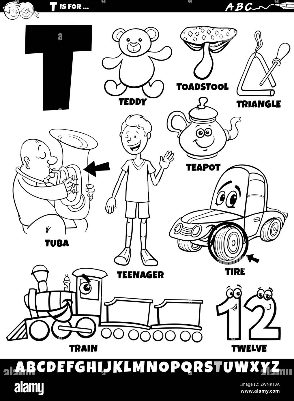 Illustration de dessin animé d'objets et de caractères définis pour la page de coloriage de la lettre T. Illustration de Vecteur