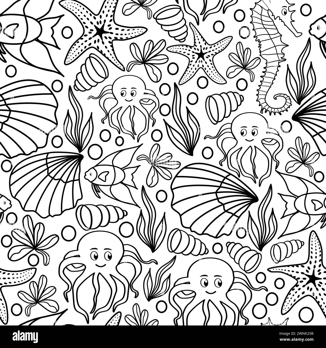 Modèle de doodle sans couture avec des créatures marines, des coquillages et des étoiles de mer. Illustration vectorielle Illustration de Vecteur