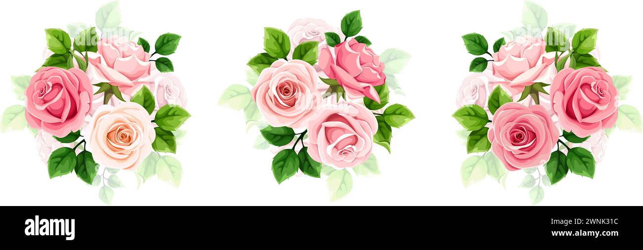 Roses roses et blanches. Ensemble de bouquets floraux vectoriels avec des fleurs roses et blanches et des feuilles vertes isolées sur un fond blanc Illustration de Vecteur