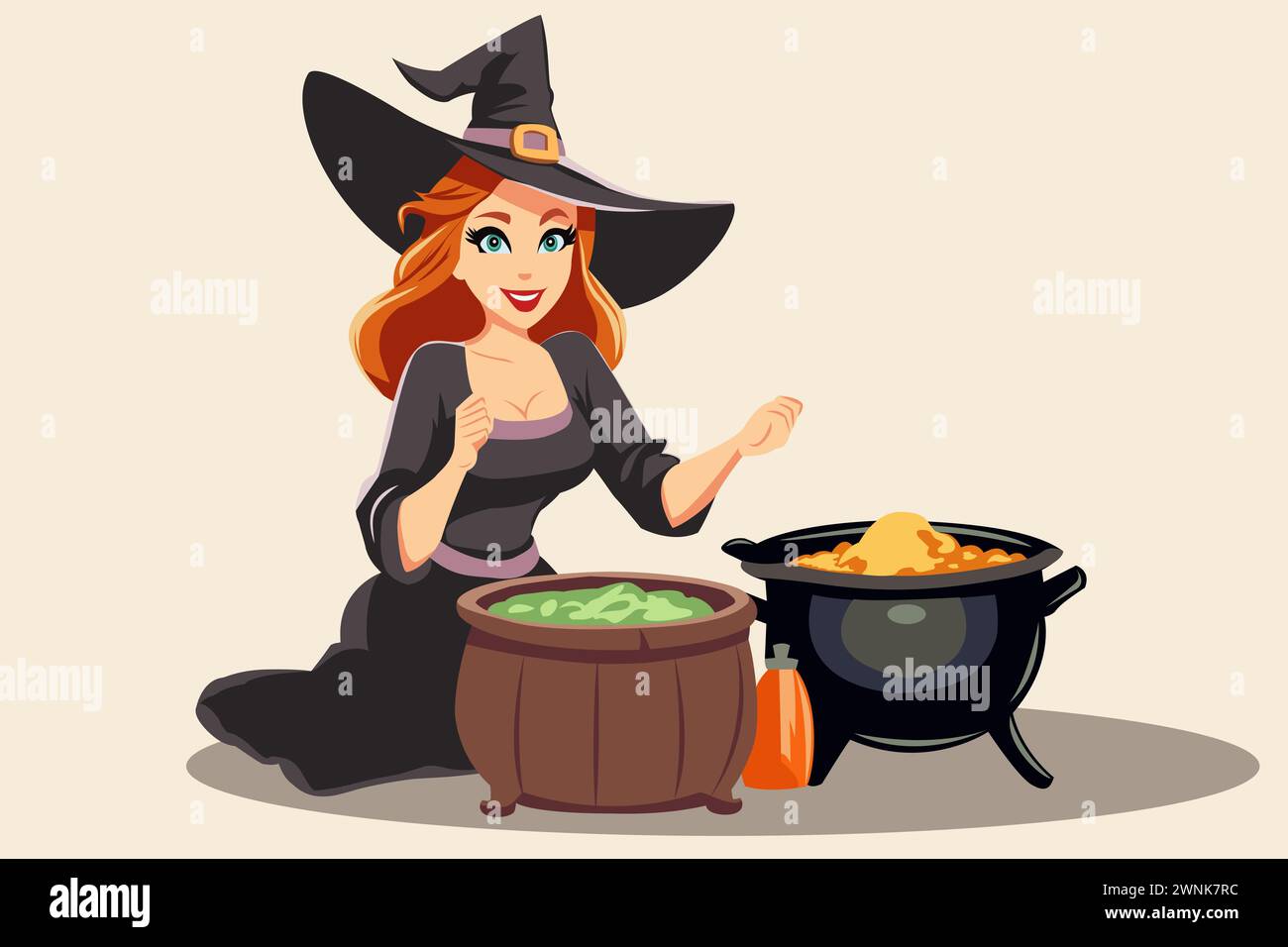 Une petite belle sorcière aux yeux multicolores dans un chapeau prépare une potion. Illustration de Vecteur
