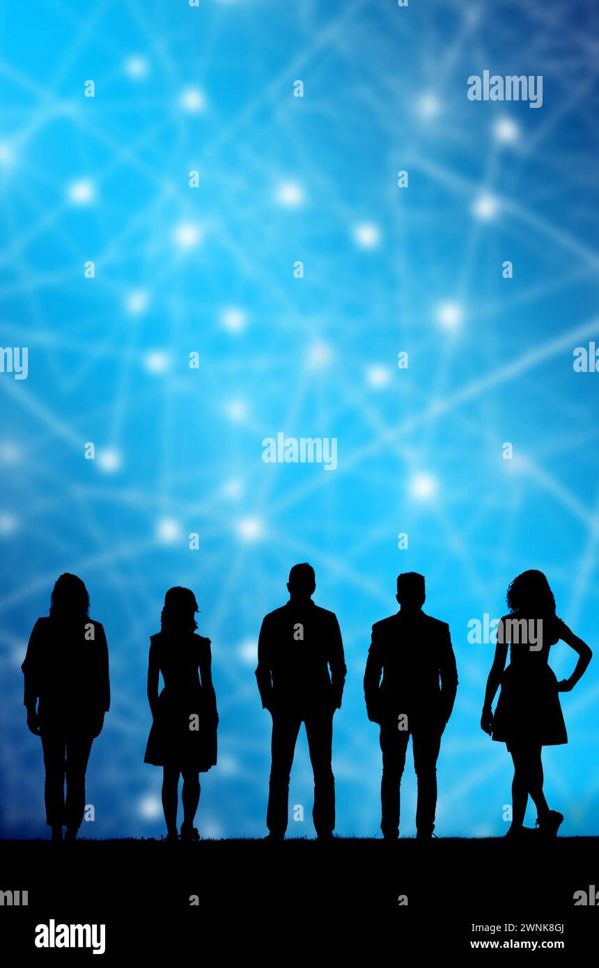 silhouette de personnes et concept de fond technologique pour les médias sociaux et les connexions de réseaux sociaux Banque D'Images