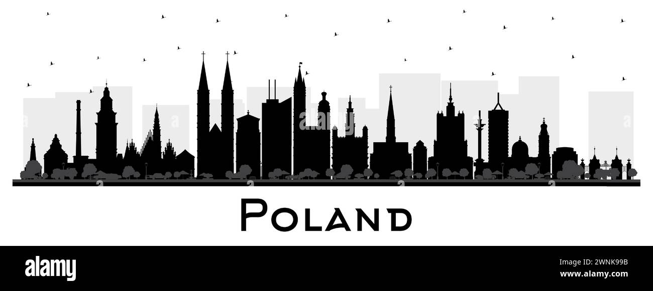 Silhouette Pologne City Skyline avec des bâtiments noirs isolés sur blanc. Illustration vectorielle. Concept avec l'architecture moderne. Paysage urbain de Pologne Illustration de Vecteur