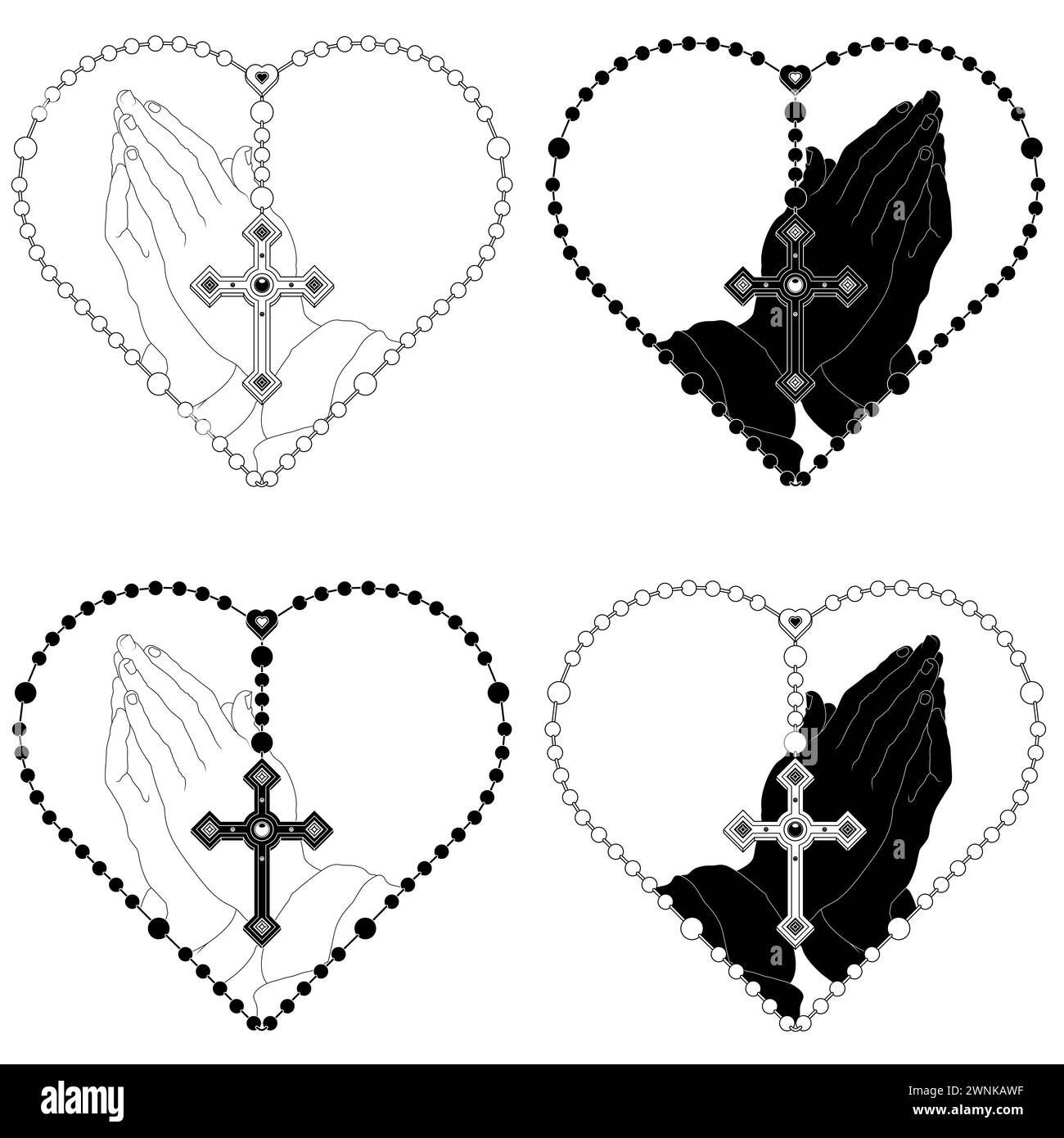 Dessin vectoriel des mains de prière avec le rosaire en forme de coeur, rosaire avec la croix chrétienne, symbole de la religion catholique Illustration de Vecteur