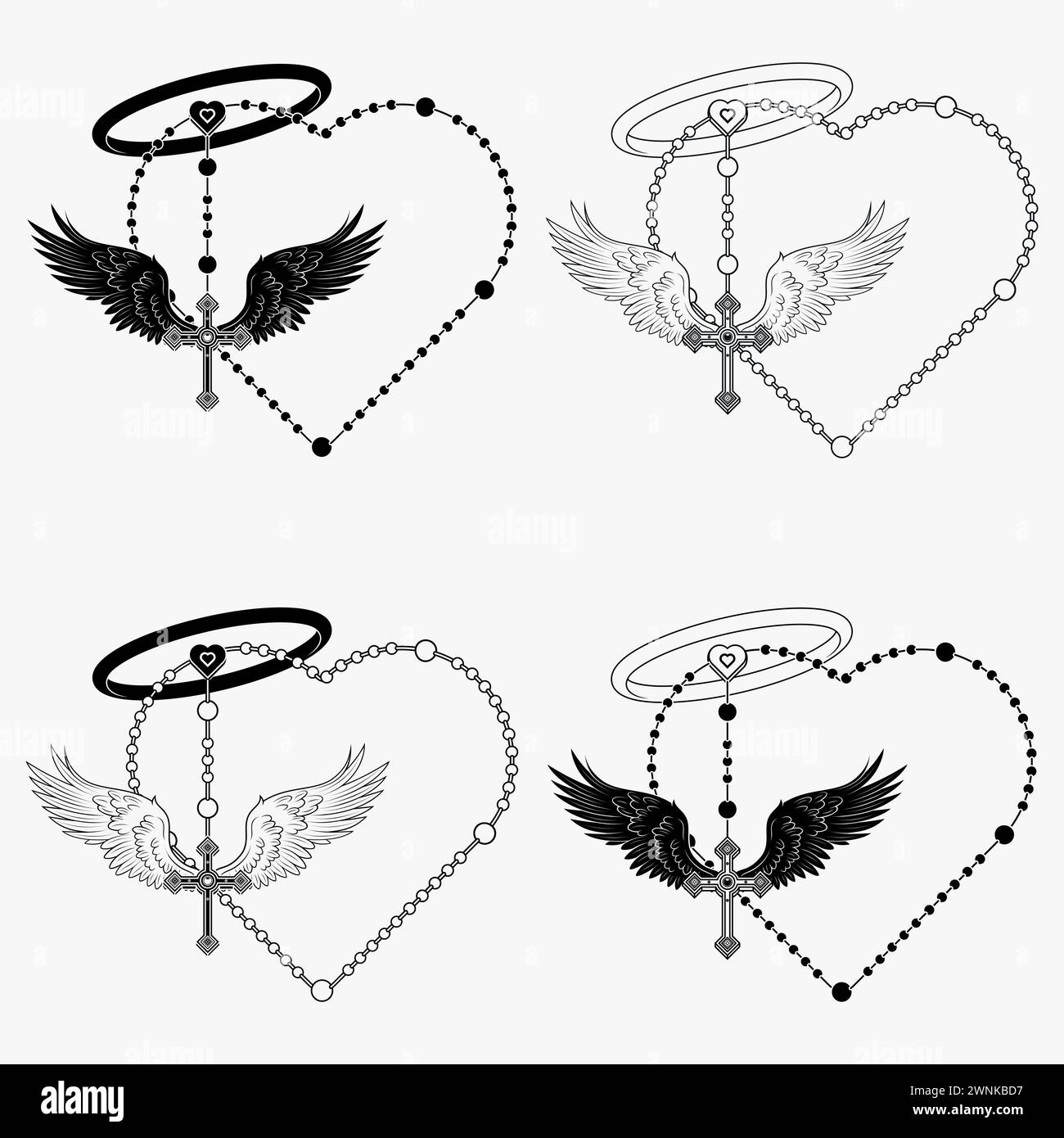 Conception vectorielle de croix ailée avec rosaire en forme de cœur, rosaire en forme de cœur avec des ailes, symbologie de la religion catholique Illustration de Vecteur