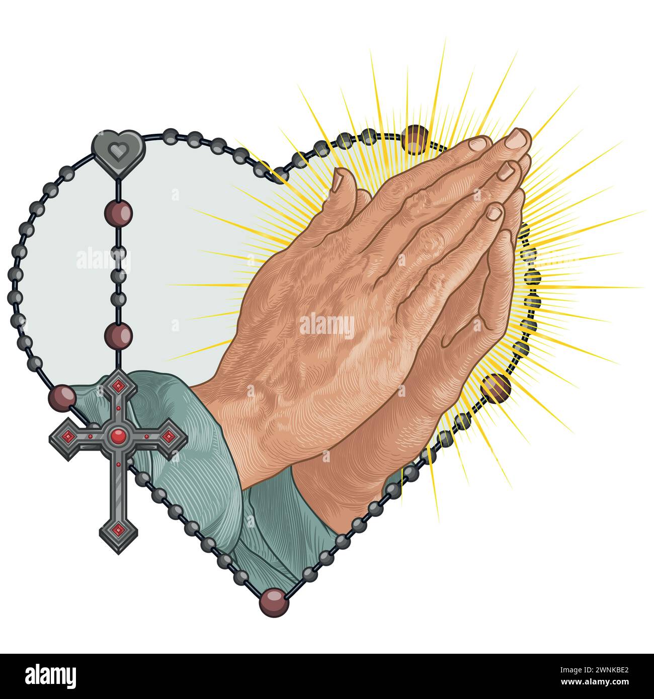 Dessin vectoriel des mains de prière avec le rosaire en forme de coeur, rosaire avec la croix chrétienne, symbole de la religion catholique Illustration de Vecteur