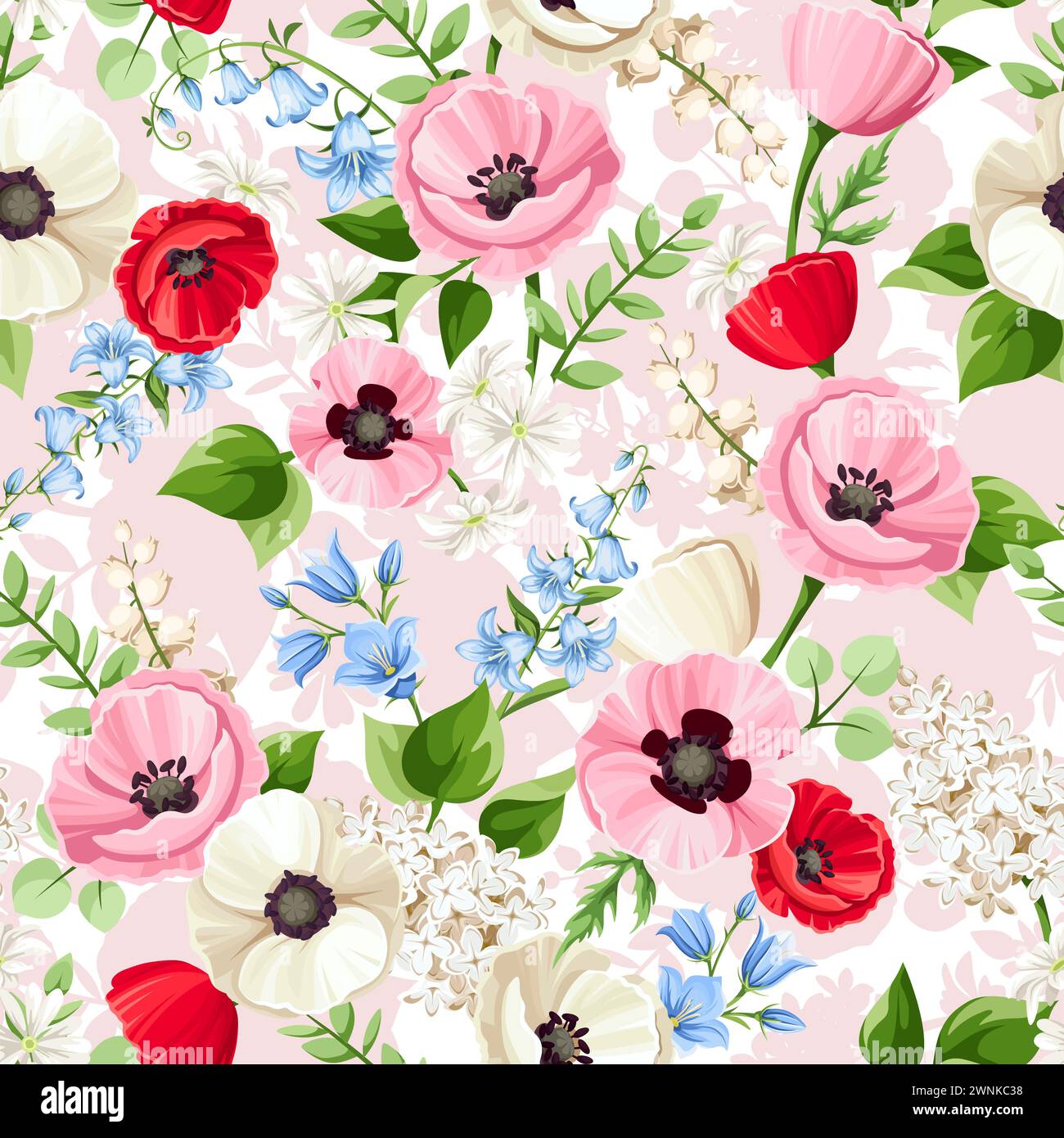 Motif floral sans couture avec des fleurs de coquelicot rouges, roses, bleues et blanches, des fleurs de bluebell, du lilas et des fleurs de nénuphar sur un fond rose. V Illustration de Vecteur